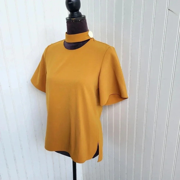 Zara Womens Mustard Yellow Stretch Top Shirt Chocker Neck Button BOHO Sz XS - Picture 2 of 10